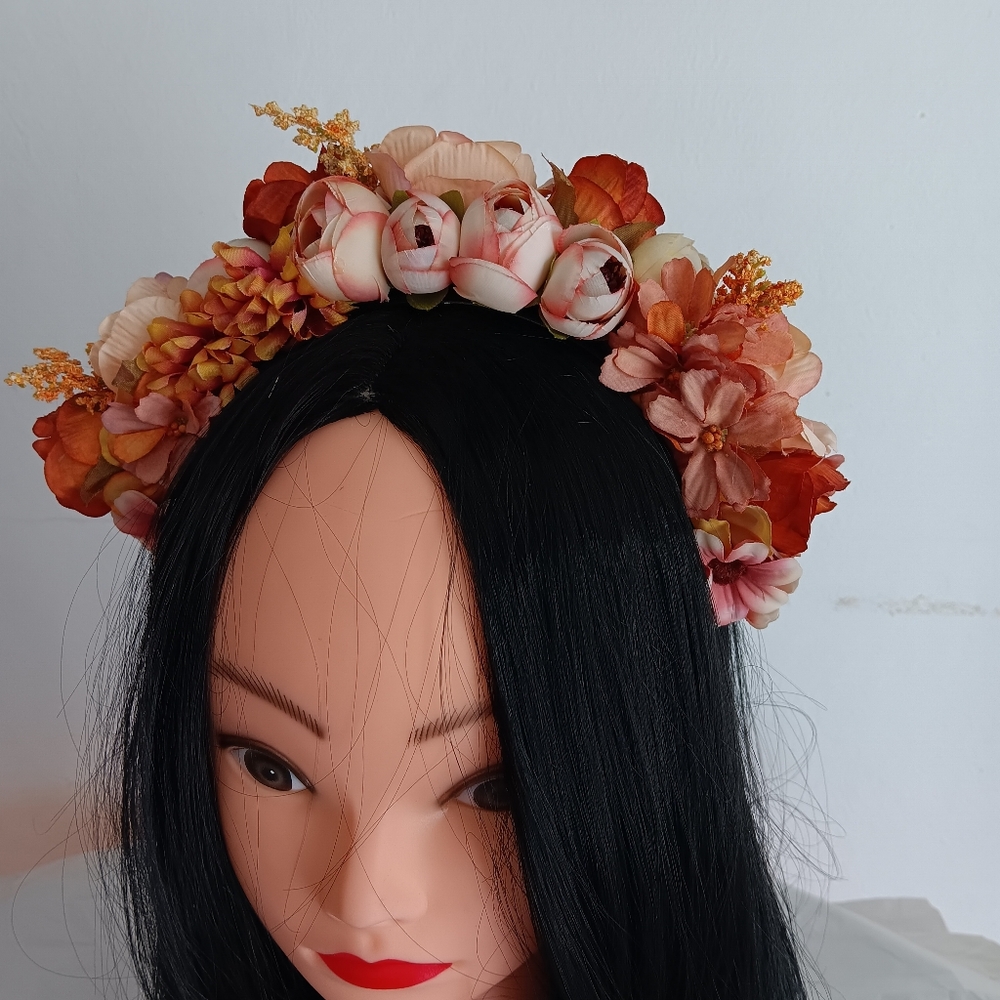 Floral Headband with Orange and Pink Blooms